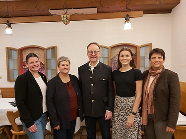 Sie gratulierten Bezirksrat Urban Mangold und seiner Stellvertreterin Johanna Seitz (2.v.r.) zur Wiederwahl an die ÖDP-Bezirksspitze ( von links): Agnes Becker, Maria Schöfberger und Anita Hofbauer. Foto. Schmid.